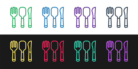 Set line Fork, spoon and knife icon isolated on black and white background. Cooking utensil. Cutlery sign. Vector