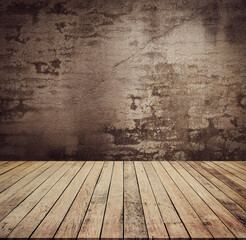 Old wood table with abstract old brick wall with light background for product display