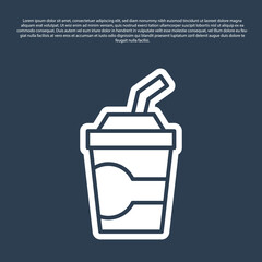 Blue line Paper glass with drinking straw and water icon isolated on blue background. Soda drink glass. Fresh cold beverage symbol. Vector