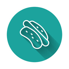 White line Hotdog sandwich icon isolated with long shadow background. Sausage icon. Fast food sign. Green circle button. Vector