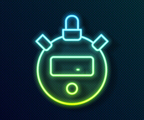 Obraz premium Glowing neon line Stopwatch icon isolated on black background. Time timer sign. Chronometer sign. Vector