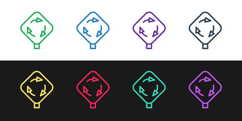 Set line Roundabout traffic icon isolated on black and white background. Traffic circle road sign. Vector