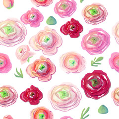 Seamless pattern with different romantic ranunculus on white background. Endless pattern with romantic bridal flowers. Illustration for your spring and summer design projects.