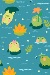 Seamless pattern with cute frogs and water lilies. Vector graphics.