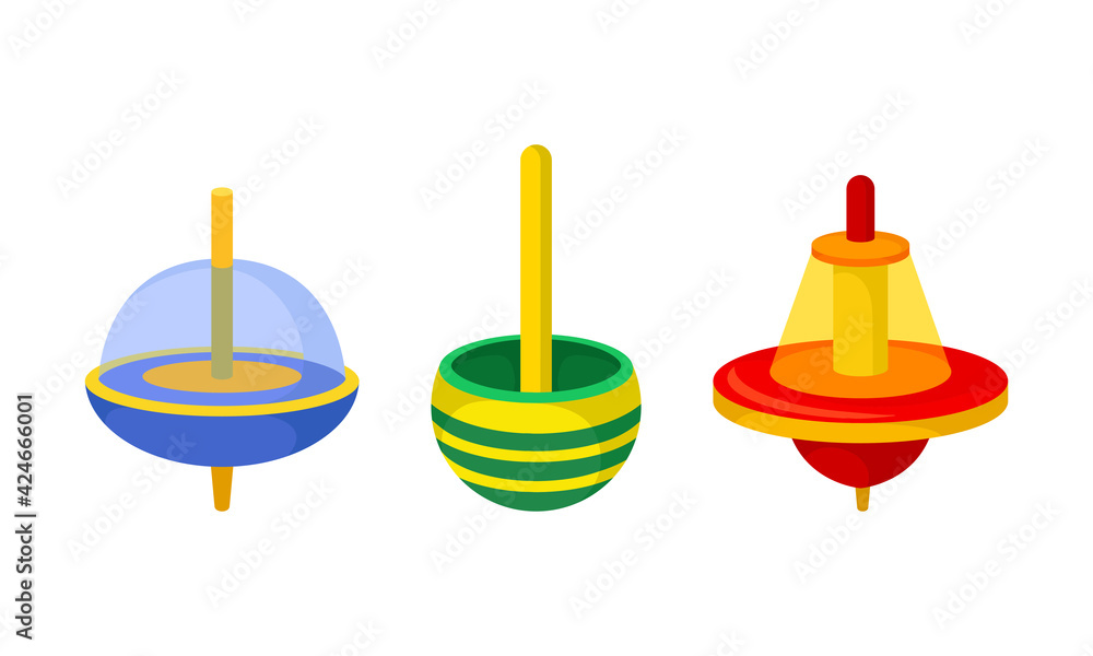 Poster spinning top as squat toy with sharp point at the bottom vector set