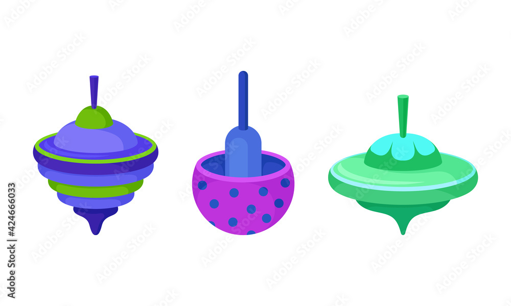 Poster bright humming top or spinning top as squat toy with sharp point at the bottom vector set