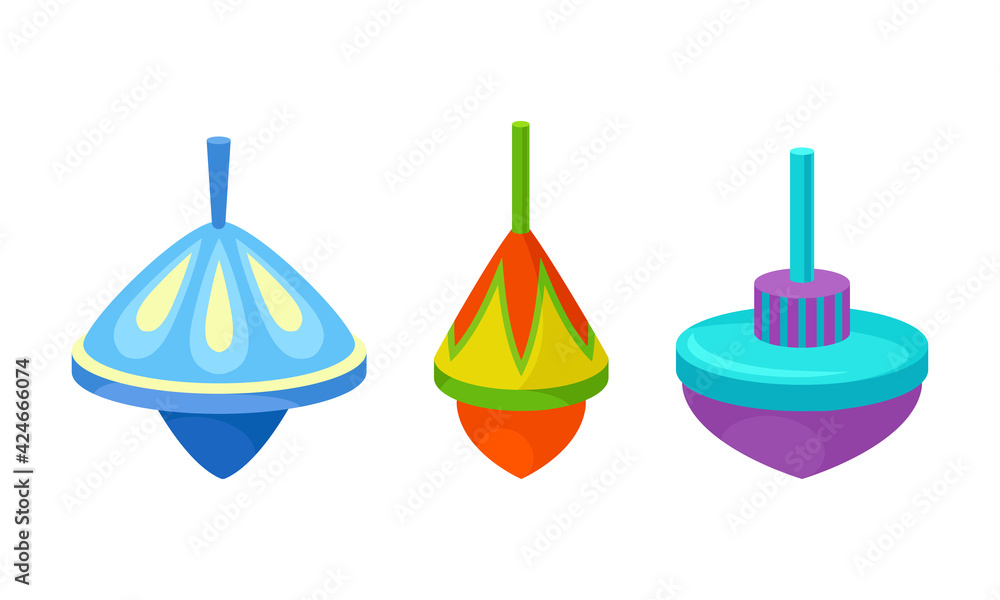 Poster bright humming top or spinning top as squat toy with sharp point at the bottom vector set