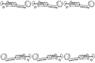 Vector frame, border on theme of vaccination. Contour molecules, coronavirus cells and a vaccine syringes. Horizontal top and bottom edging, decoration, background for medical design in doodle style