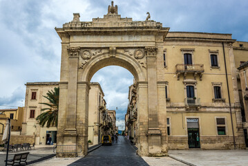Fototapeta na wymiar Porta Real, gate on historic part of Noto city, Sicily in Italy
