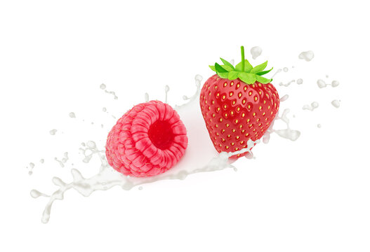 Strawberry and raspberry in milk splashes isolated on white background.