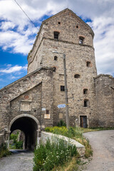Fototapeta na wymiar Wind Gate and Stephen Bathory Tower, part of historic walls of Kamianets Podilskyi city, Ukraine