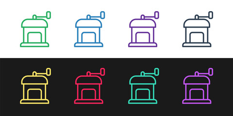 Set line Manual coffee grinder icon isolated on black and white background. Vector