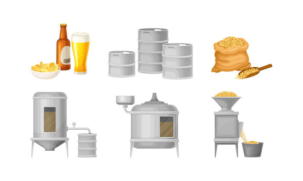 Beer Brewing Process with Steeping Cereal Grains Vector Set