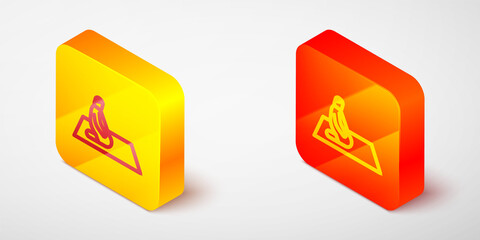 Isometric line Muslim man prays on the carpet icon isolated on grey background. Yellow and orange square button. Vector
