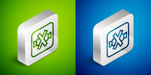 Isometric line No sweets and candies prohibition icon isolated on green and blue background. No candy forbidden symbol. Silver square button. Vector