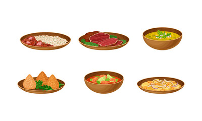Brazilian Cuisine Dishes with Stewed Beans, Beef Slabs and Shrimp Soup Vector Set