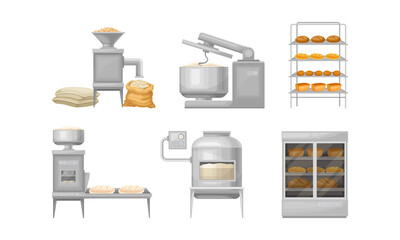 Bread Production with Kneading Dough, Loaf Molding and Cereal Grain Grinding Vector Illustration Set