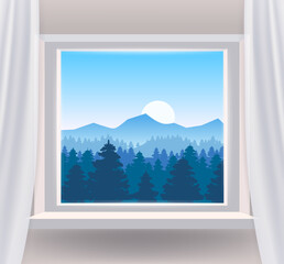 Open window interior home with a forest landscape view nature. Country mountains landscape from view the window of trees panorama. Vector illustration