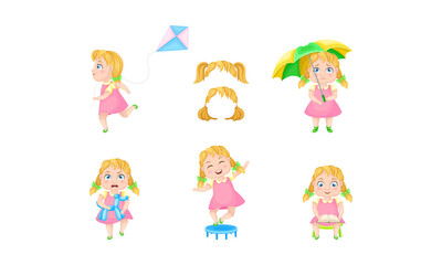 Girl Character Reading Book and Playing with Kite Vector Set