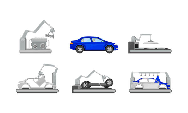 Car Production Assembly Line Process with Industrial Robots and Equipment Vector Set
