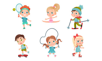 Obraz na płótnie Canvas Cute Kids Skateboarding, Jumping Rope, Skiing and Roller Skating Vector Set