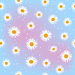 seamless pattern with white daisies, floral drawing blue background
