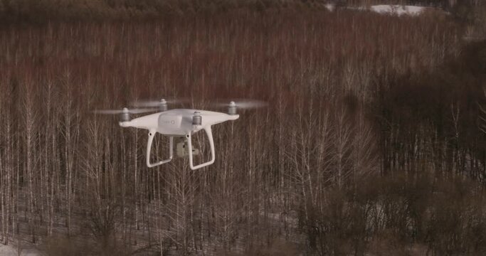 Drone in flight above the wild decidous and coniferous forest lanscape in a winter frosty sunny day. Aerial drone close up view