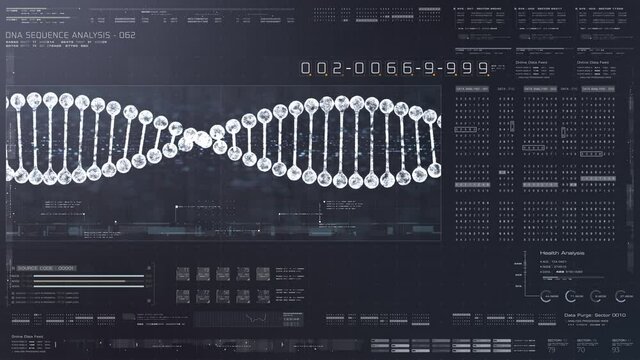 Medical concept : futuristic virtual display of DNA Molecule Strand Sequence analysis HUD