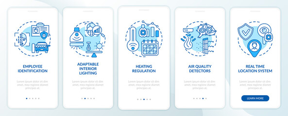 Futuristic smart office onboarding mobile app page screen with concepts. Identity, security light walkthrough 5 steps graphic instructions. UI, UX, GUI vector template with linear color illustrations