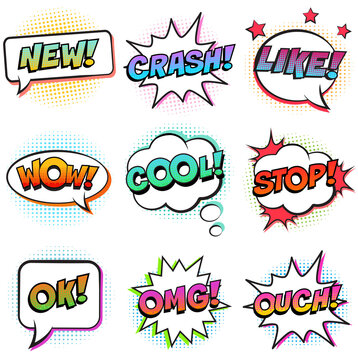 comic text effect new, crash , like , wow, cool, stop, ok, omg, ouch