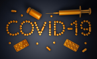 Top view of the inscription Covid 19 laid out from tablets and capsules of gold color. 3d render.
