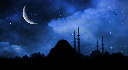 Crescent moon at a top of a mosque. Ramadan Kareem islamic background