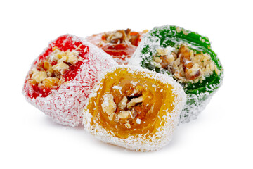 Colorful Turkish delight with nuts in powdered sugar isolated on white