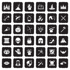 Fantasy Icons. Grunge Black Flat Design. Vector Illustration.