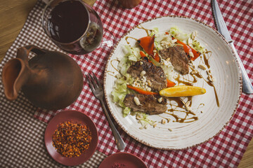 delicious European and Slavic cuisine on the big table waiting for guests. table with food, top view