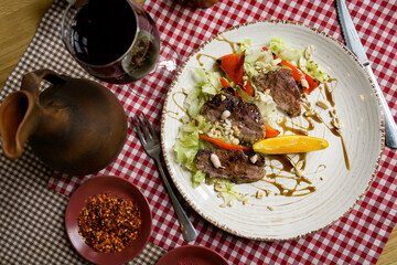 delicious European and Slavic cuisine on the big table waiting for guests. table with food, top view