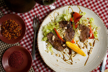 delicious European and Slavic cuisine on the big table waiting for guests. table with food, top view