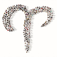 Concept or conceptual large gathering  of people forming an aries zodiac sign on white background. A 3d illustration symbol for  esoteric, the mystic, the power of prediction of astrology