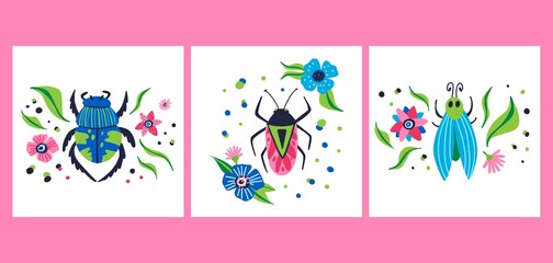 Fototapeta na wymiar Cartoon beetle poster set. Doodle bright colorful hand drawn bug, cute beautiful insect pink and blue colors modern decor element, vector isolated illustration, contemporary print collection