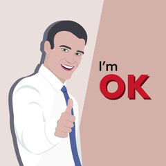 Happy smiling young man in white shirt showing like