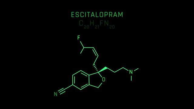 Escitalopram Molecular Structure Symbol Neon Animation on black background
