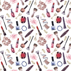 A set of watercolor seamless patterns with various women's accessories, shoes and bags
