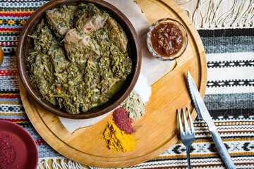 delicious European and Slavic cuisine on the big table waiting for guests. table with food, top view