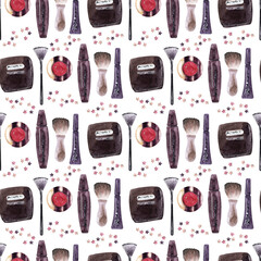 A set of watercolor seamless patterns with various women's accessories, shoes and bags
