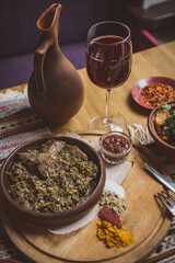 a lot of meat food on the table. Georgian cuisine. top view.