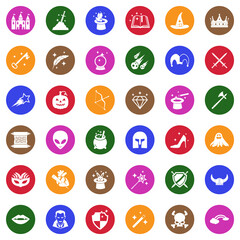 Fantasy Icons. White Flat Design In Circle. Vector Illustration.