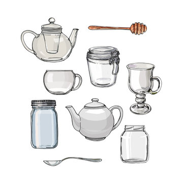 Set jars for jam, empty cans, cover, packaging, a black line on a white background. Vector skech food