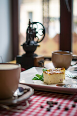 Traditional Georgian sweets and desserts with hazelnuts, walnuts, grape juice, honey, chocolate. Baklava, nakhini, churchkhela. Fresh fruits and candied fruits. Traditional Turkish coffee.
