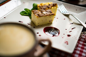 Traditional Georgian sweets and desserts with hazelnuts, walnuts, grape juice, honey, chocolate. Baklava, nakhini, churchkhela. Fresh fruits and candied fruits. Traditional Turkish coffee.