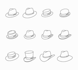 Types of male classic hats - vector thin line icon set
